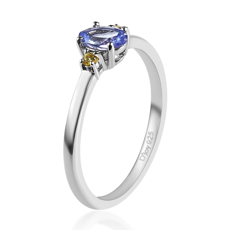 Tanzanite and Yellow Sapphire Ring in Platinum Over Sterling Silver (Size 10.0) 0.50 ctw