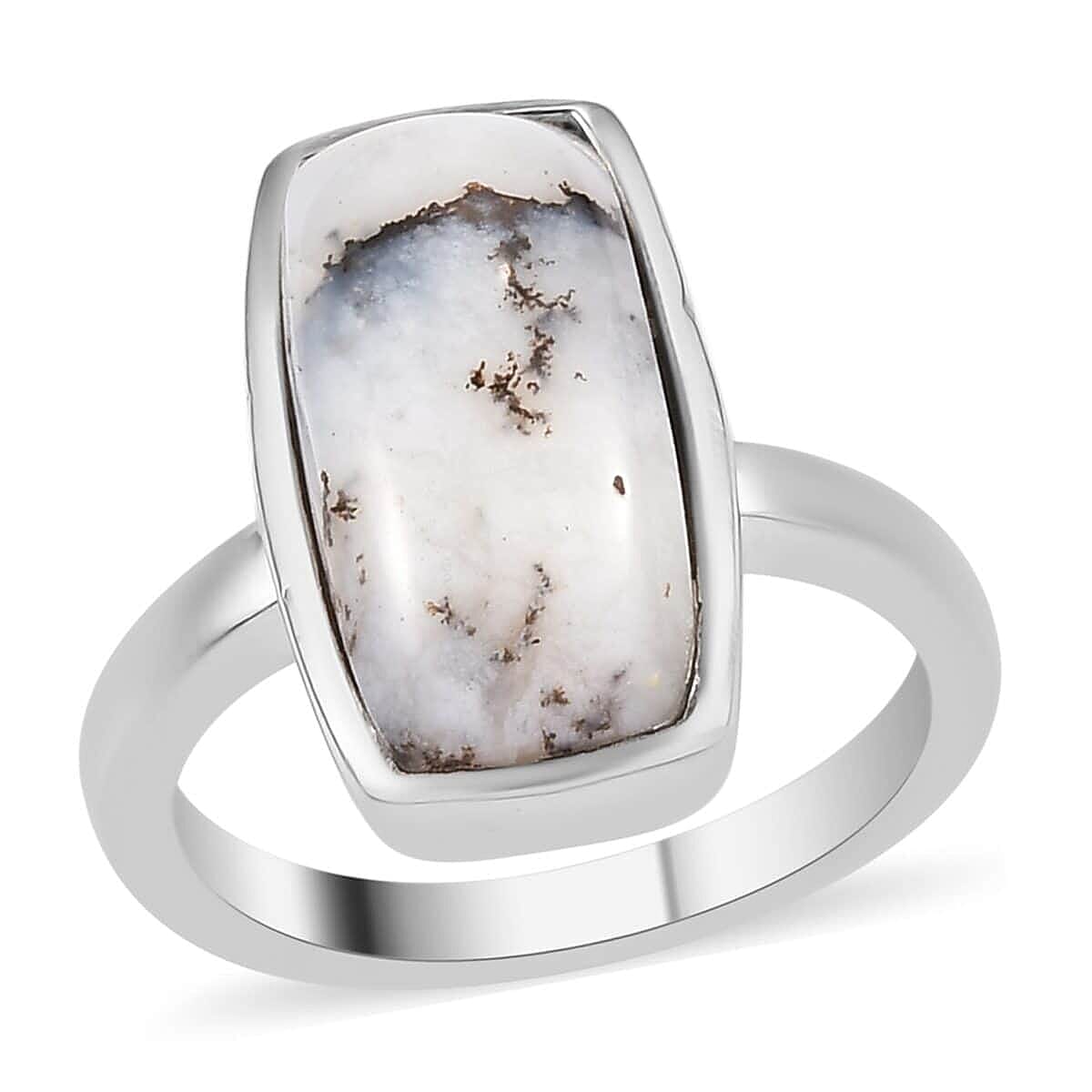 Dendritic Agate Solitaire Ring in Stainless Steel (Size 6.0) 5.10 ctw | Tarnish-Free, Waterproof, Sweat Proof Jewelry