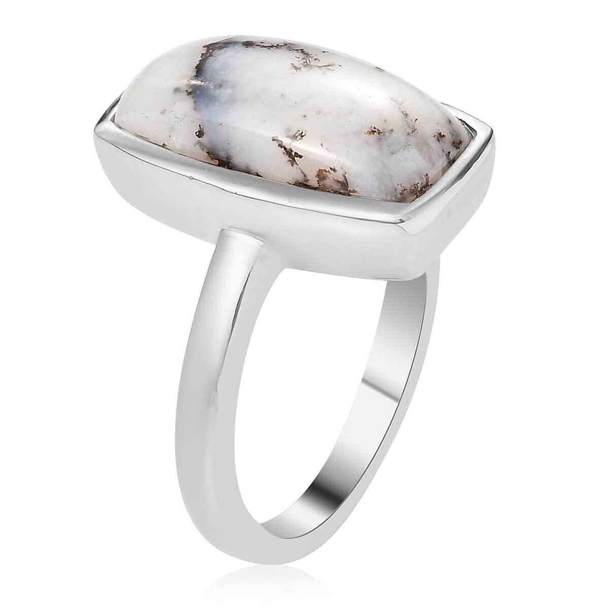 Dendritic Agate Solitaire Ring in Stainless Steel (Size 6.0) 5.10 ctw | Tarnish-Free, Waterproof, Sweat Proof Jewelry
