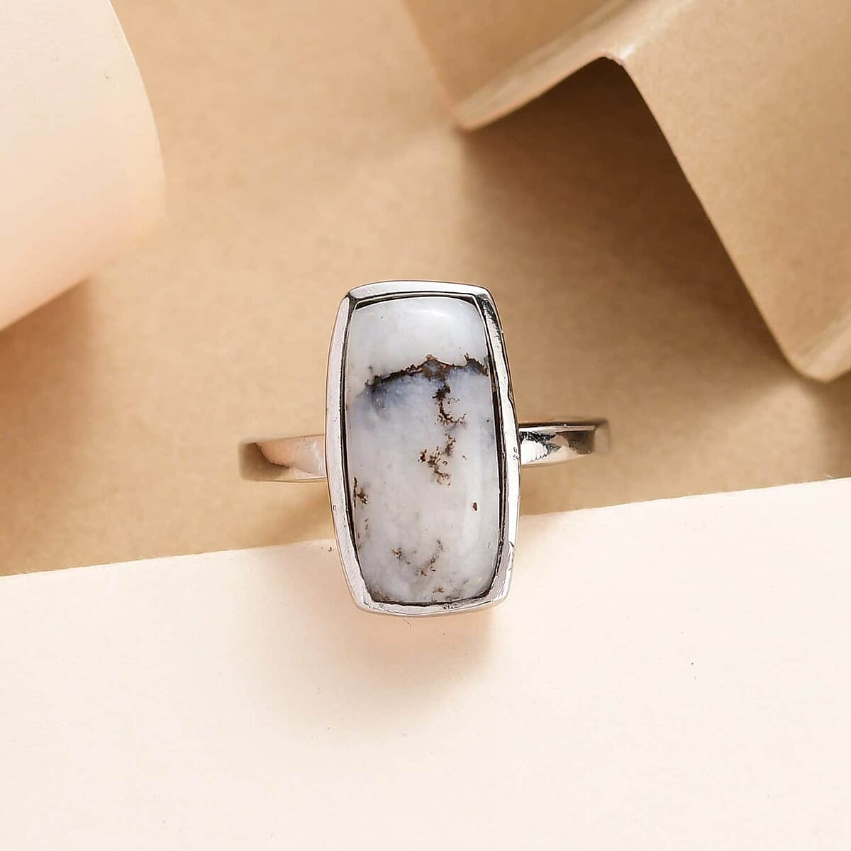 Dendritic Agate 5.10 ctw Solitaire Ring in Stainless Steel (Size 9.0) image number 1
