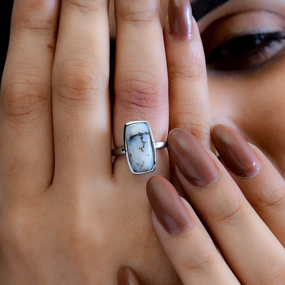 Dendritic Agate 5.10 ctw Solitaire Ring in Stainless Steel (Size 9.0) image number 4