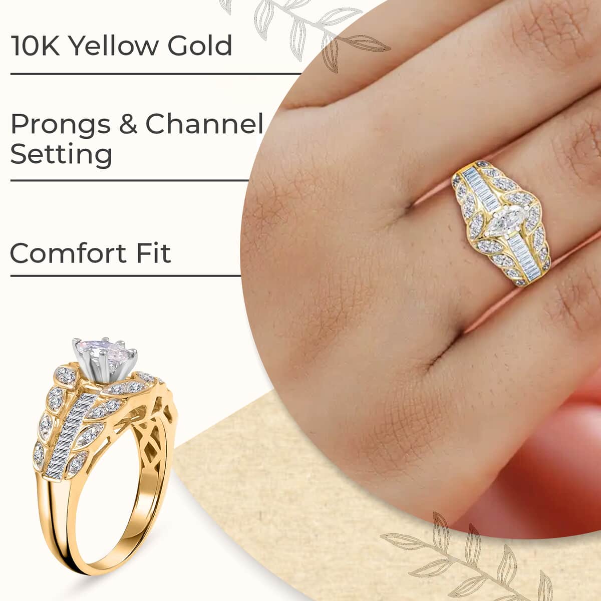 The Royal Navette 10K Yellow Gold White Diamond (G-H, I2) Ring (Size 7.0) (5.40 g) 1.00 ctw image number 2