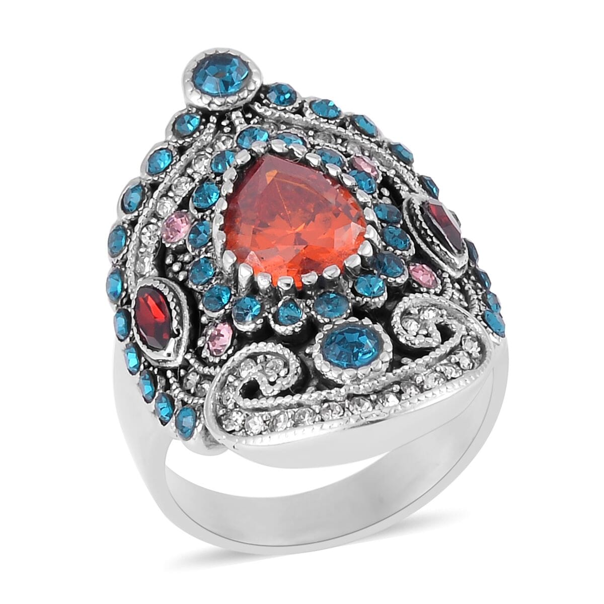 Simulated Orange Diamond and Multi Color Austrian Crystal Ring in Stainless Steel image number 0