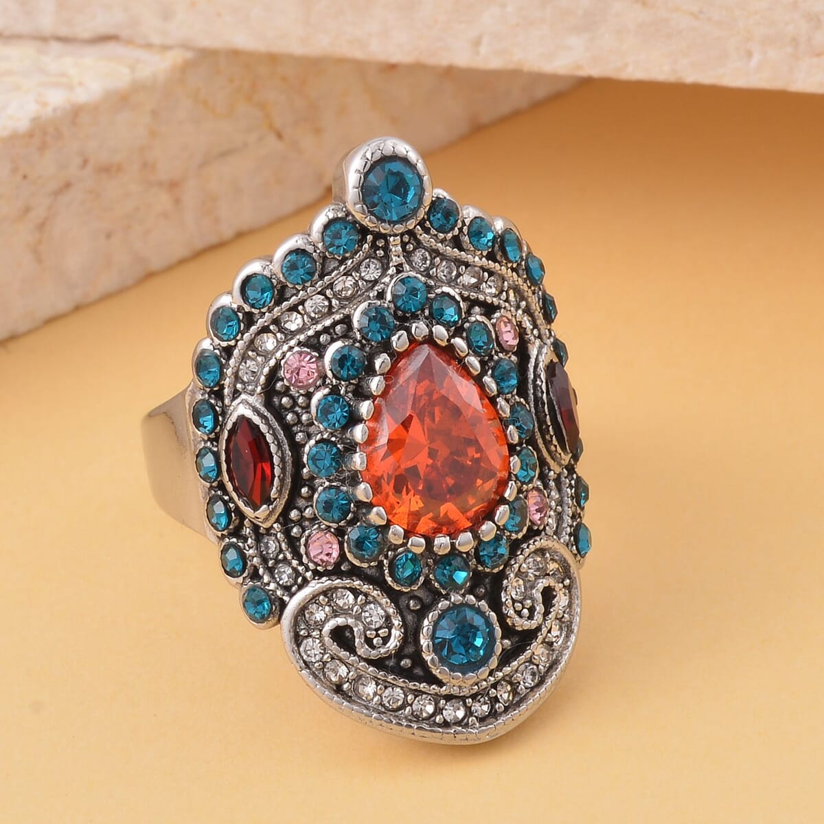 Simulated Orange Diamond and Multi Color Austrian Crystal Ring in Stainless Steel image number 1