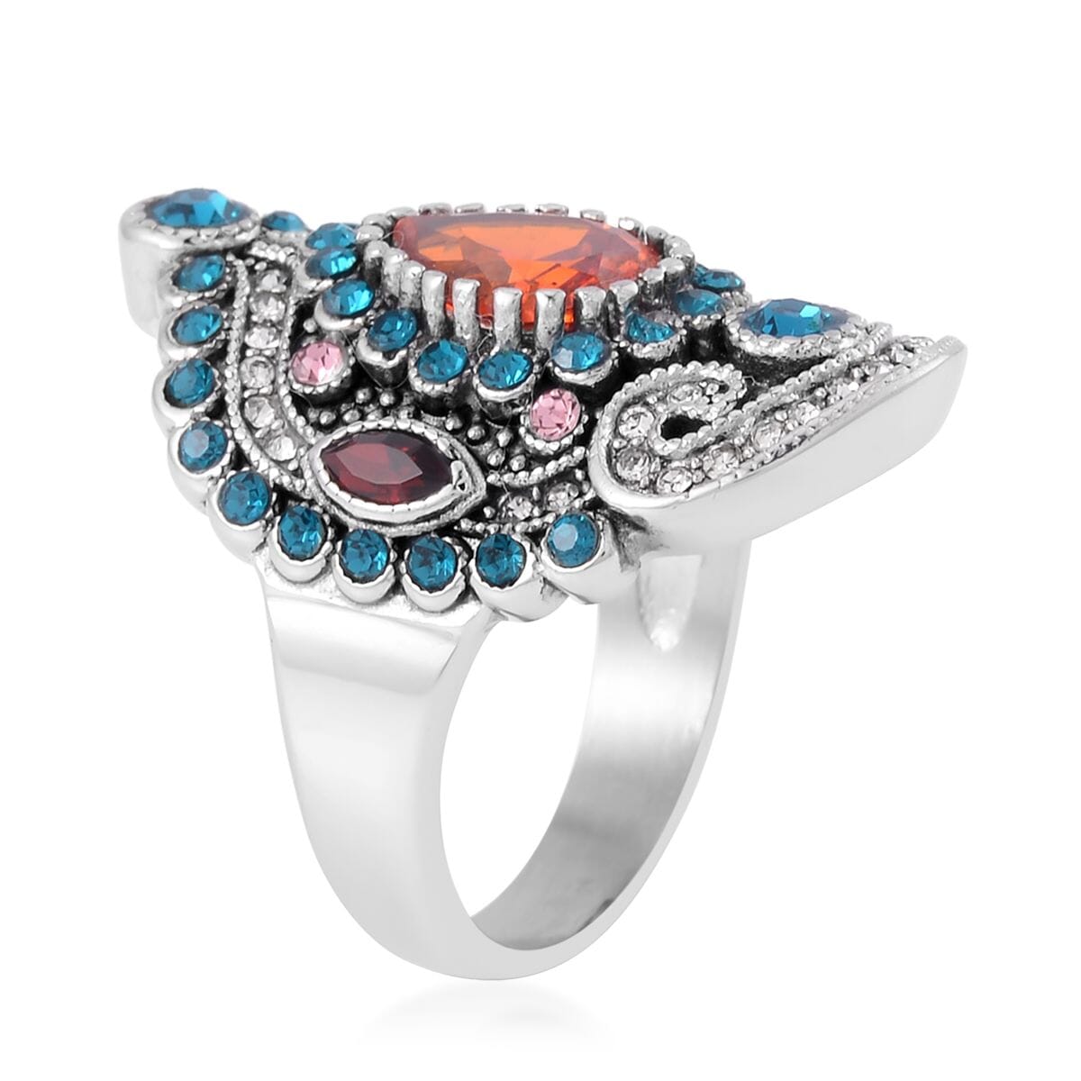 Simulated Orange Diamond and Multi Color Austrian Crystal Ring in Stainless Steel image number 3
