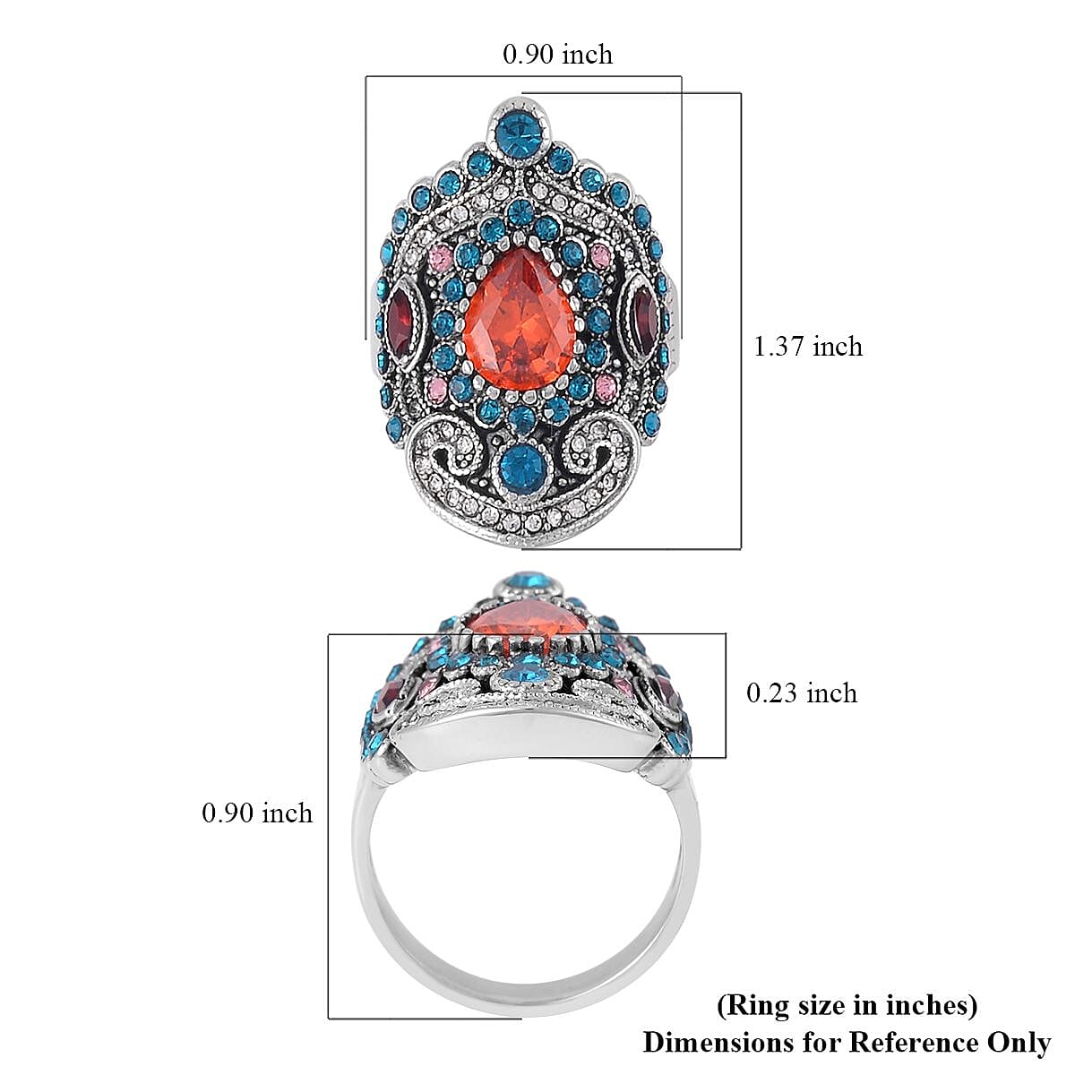 Simulated Orange Diamond and Multi Color Austrian Crystal Ring in Stainless Steel (Size 10.0)