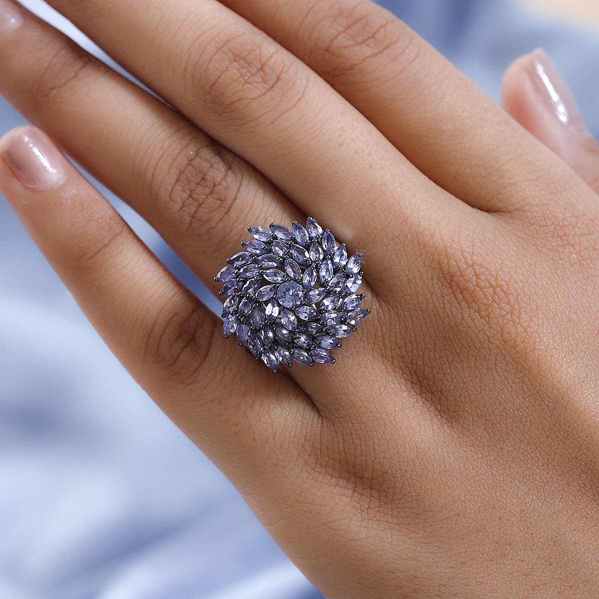 Tanzanite Floral Spray Ring in Platinum Over Sterling Silver (Size 6.0) 4.85 ctw image number 2