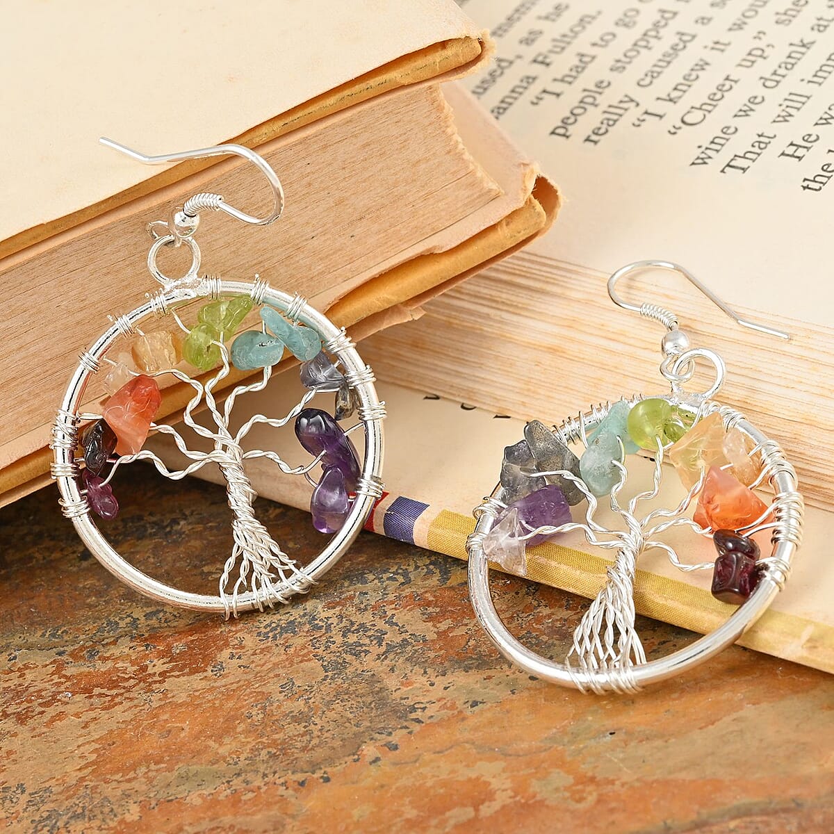Multi Gemstone Tree of Life Earrings in Silvertone 22.80 ctw image number 1