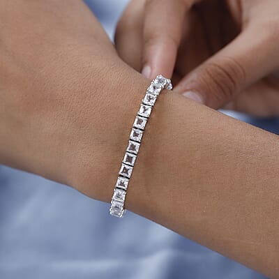 Asscher Cut White Topaz Tennis Bracelet in Platinum Over Sterling Silver (6.50 In) 16.85 ctw