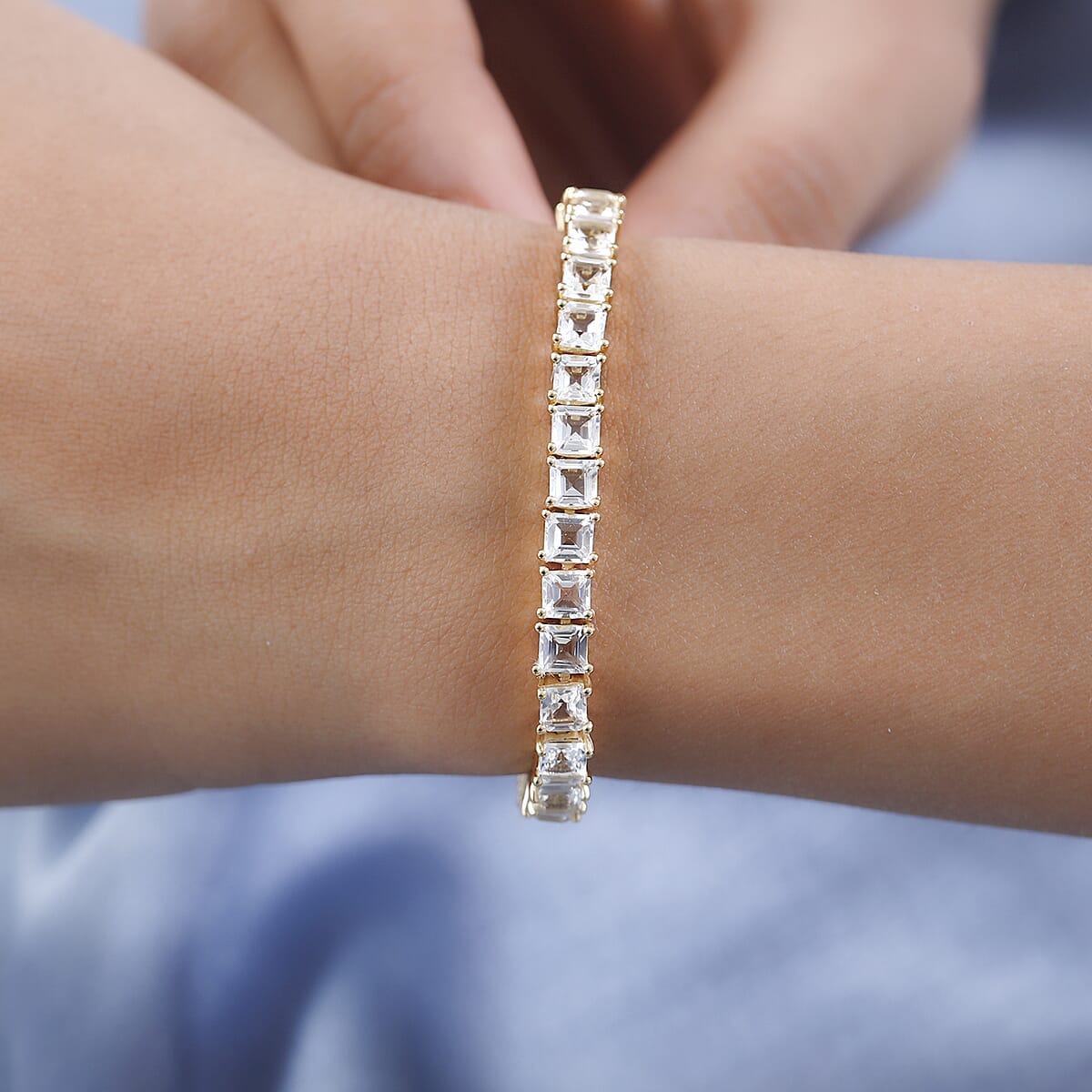 Asscher Cut White Topaz Tennis Bracelet in Vermeil Yellow Gold Over Sterling Silver (7.25 In) 18.75 ctw image number 2