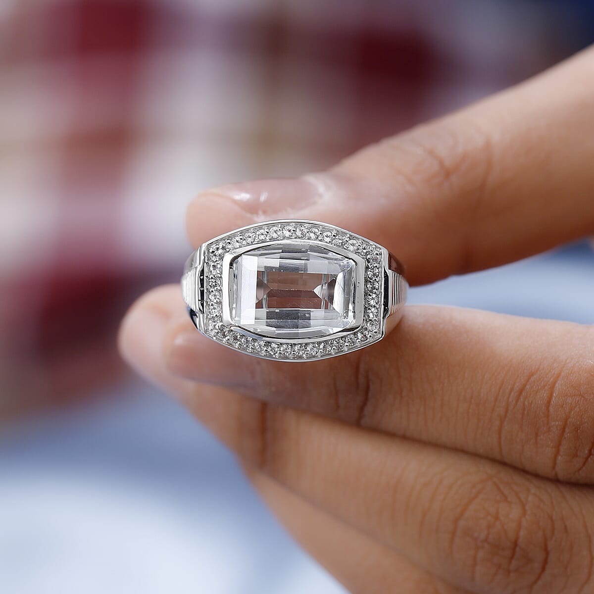 White Topaz Men's Ring in Platinum Over Sterling Silver (Size 10.0) 8.35 ctw image number 2