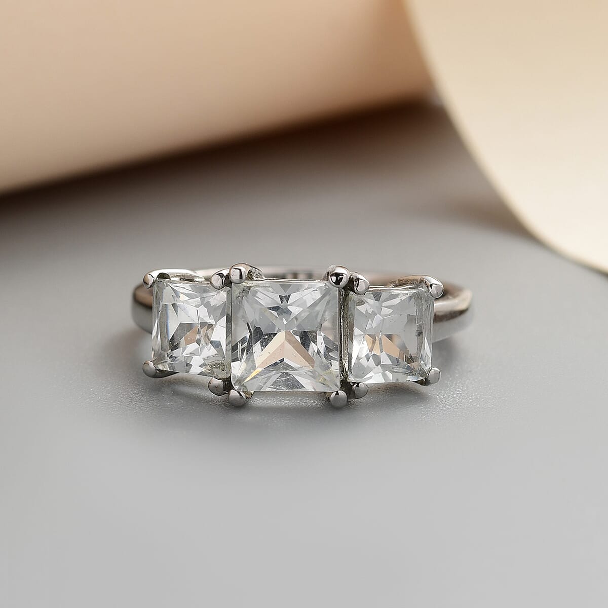 Princess Cut White Topaz 3 Stone Ring in Stainless Steel 3.10 ctw image number 1