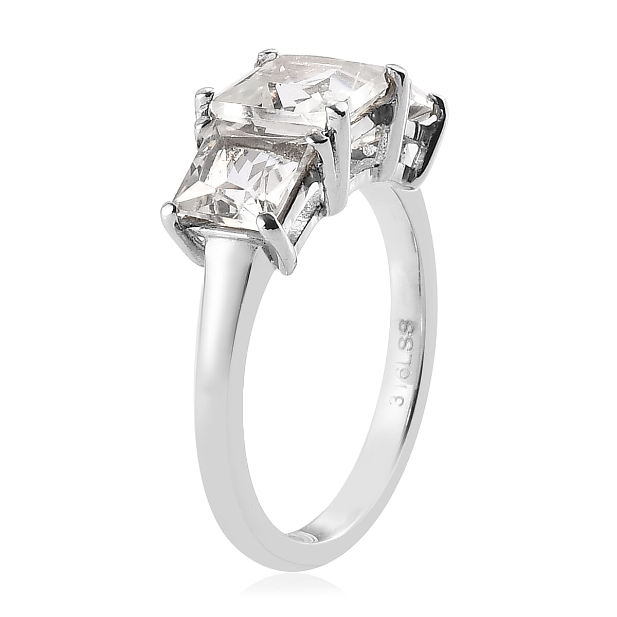 Princess Cut White Topaz 3 Stone Ring in Stainless Steel 3.10 ctw image number 3