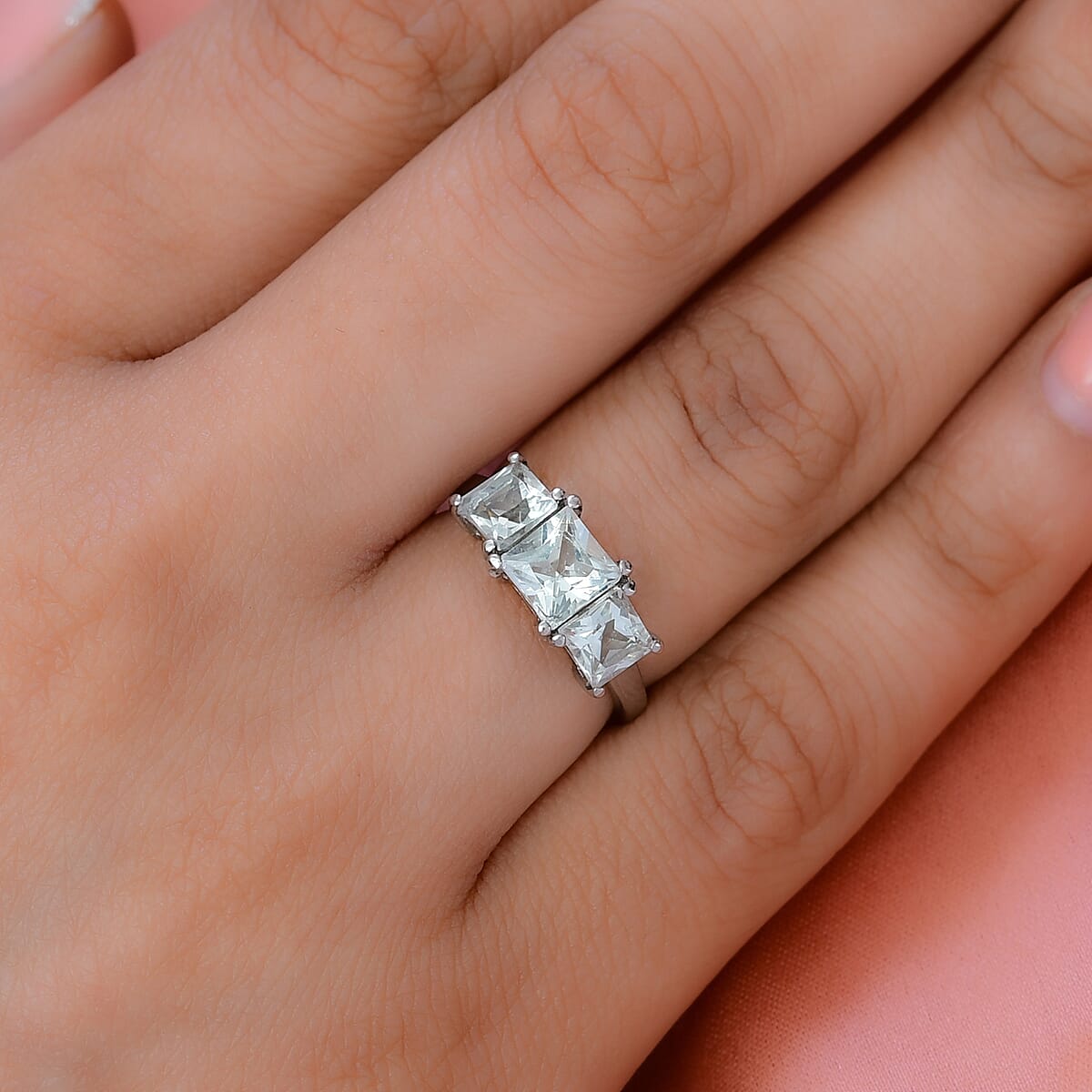 Princess Cut White Topaz 3 Stone Ring in Stainless Steel (Size 9.0) 3.10 ctw | Tarnish-Free, Waterproof, Sweat Proof Jewelry image number 1