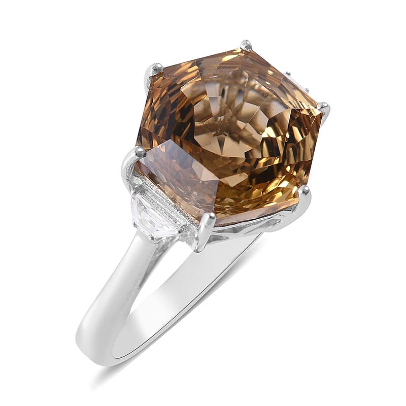 Brazilian Citrine Hexagon Shape Ring in Platinum Over Sterling Silver (Size 10.0) 5.85 ctw