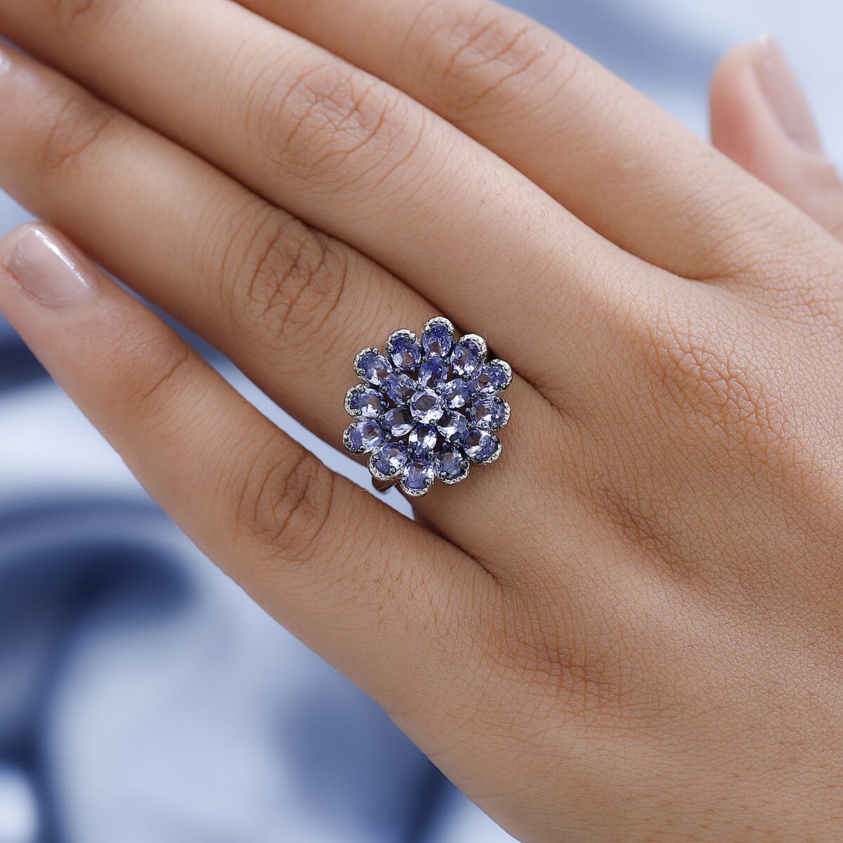 Tanzanite Cluster Ring in Platinum Over Sterling Silver 3.10 ctw image number 2