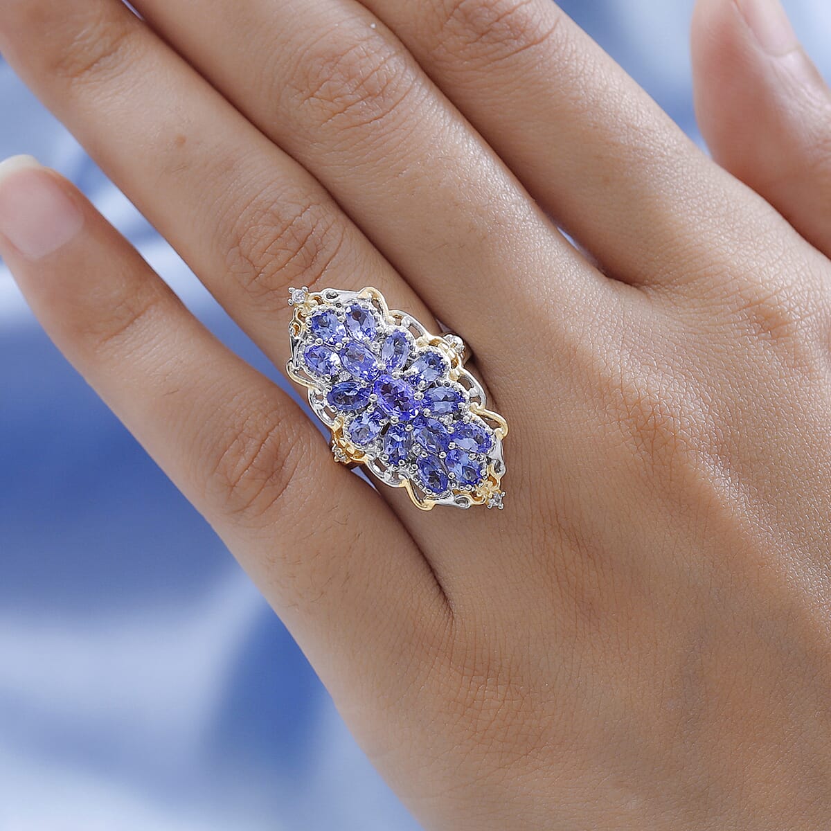 Tanzanite and White Zircon Elongated Ring in Vermeil Yellow Gold and Platinum Over Sterling Silver 3.65 ctw image number 2