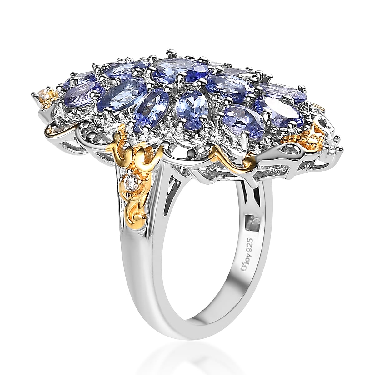 Tanzanite and White Zircon Elongated Ring in Vermeil Yellow Gold and Platinum Over Sterling Silver 3.65 ctw image number 3