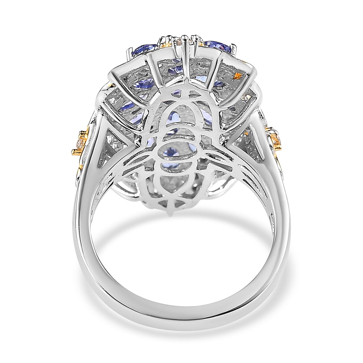 Tanzanite and White Zircon Elongated Ring in Vermeil Yellow Gold and Platinum Over Sterling Silver 3.65 ctw image number 4