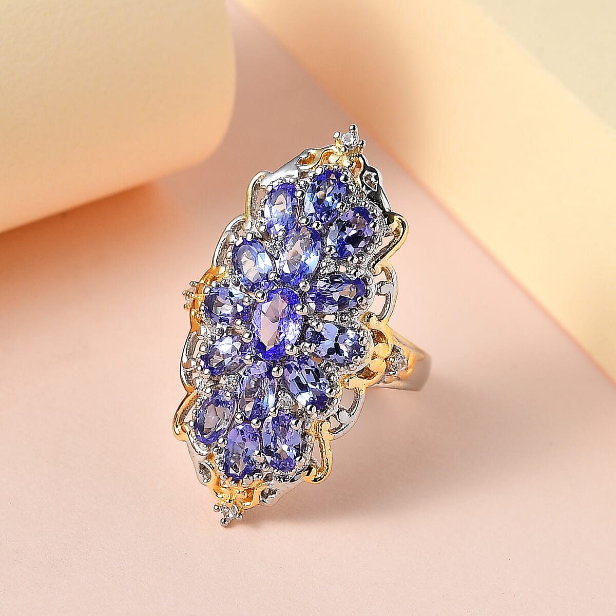 Tanzanite and White Zircon Elongated Ring in Vermeil Yellow Gold and Platinum Over Sterling Silver (Size 8.0) 3.65 ctw image number 1