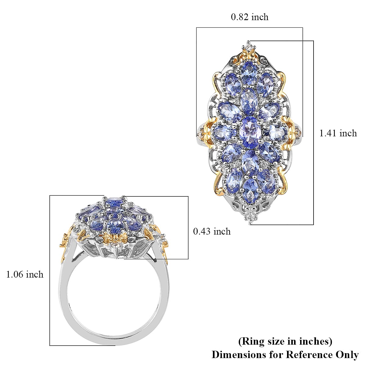 Tanzanite and White Zircon Elongated Ring in Vermeil Yellow Gold and Platinum Over Sterling Silver (Size 8.0) 3.65 ctw image number 5