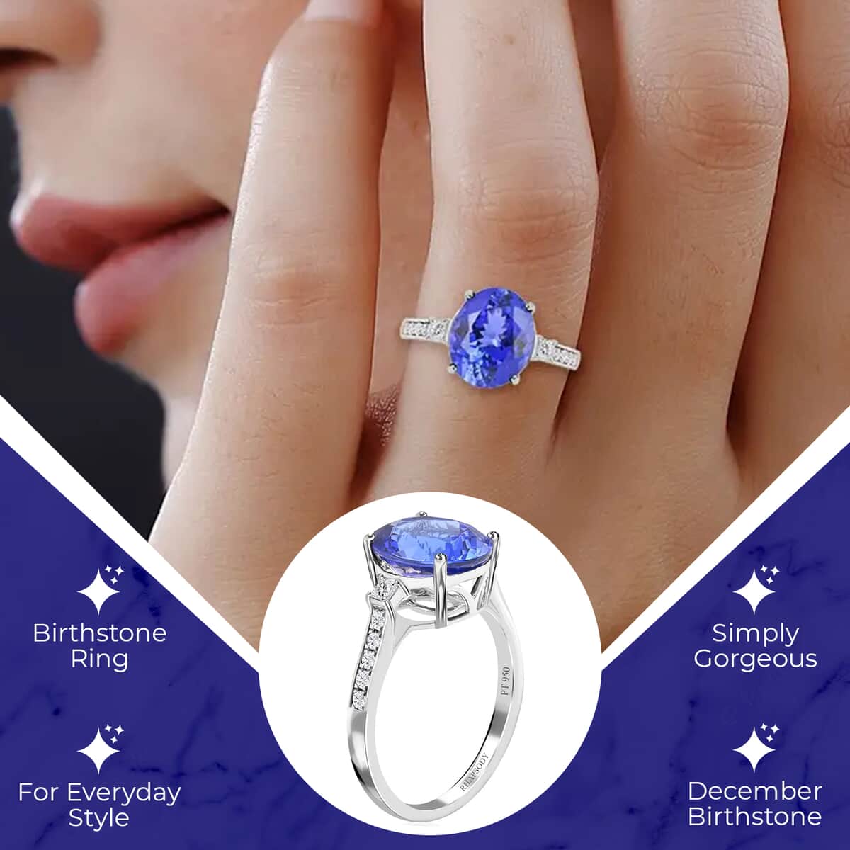 Rhapsody Certified and Appraised AAAA Tanzanite Ring,  E-F VS Diamond Accent Ring,  950 Platinum Ring, Tanzanite Jewelry For Her 5 Grams 4.35 ctw (Size 6) image number 2