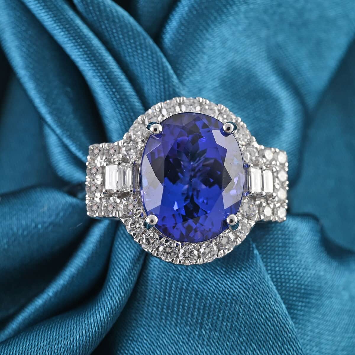 One Of A Kind Certified & Appraised Rhapsody AAAA Tanzanite and E-F VS Diamond 5.30 ctw Halo Ring in 950 Platinum (Size 6.0) 6 Grams image number 1