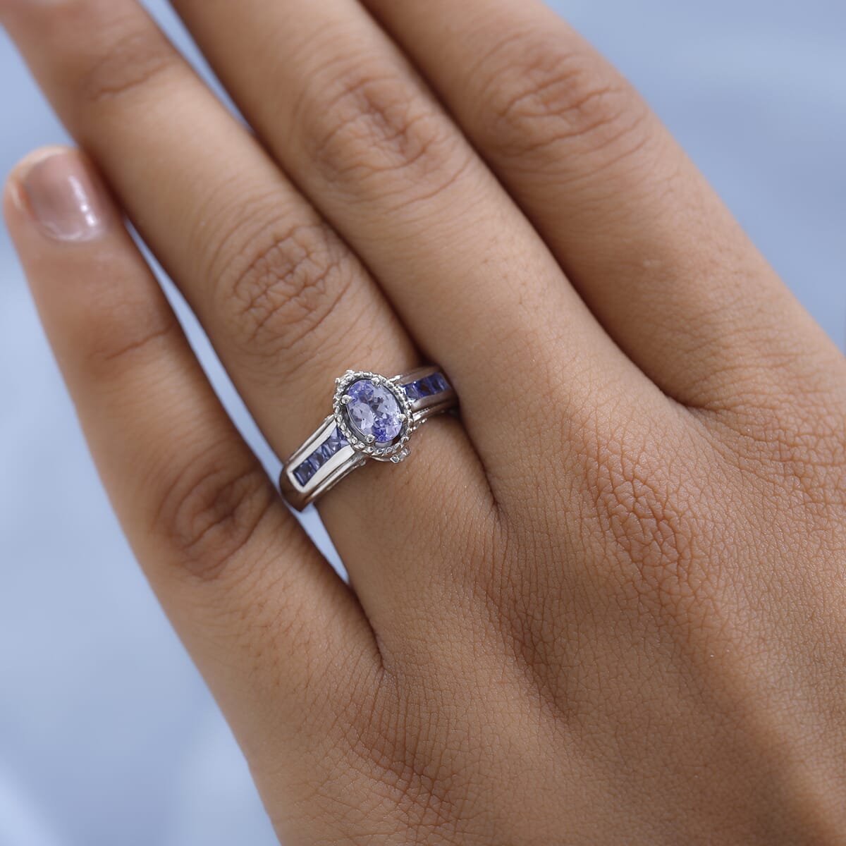 Tanzanite and White Topaz Ring in Platinum Over Sterling Silver (Size 8.0) 1.25 ctw image number 2