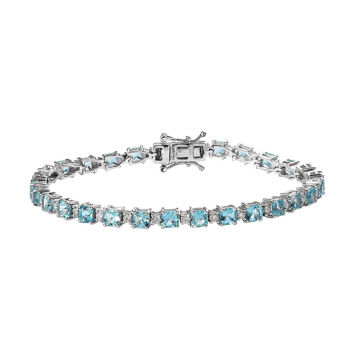 Asscher Cut Madagascar Paraiba Apatite and Moissanite Tennis Bracelet in Platinum Over Sterling Silver (7.25 In) 11.00 ctw image number 0