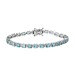 Asscher Cut Madagascar Paraiba Apatite and Moissanite Tennis Bracelet in Platinum Over Sterling Silver (7.25 In) 11.00 ctw