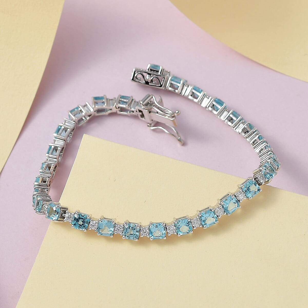Asscher Cut Madagascar Paraiba Apatite and Moissanite Tennis Bracelet in Platinum Over Sterling Silver (7.25 In) 11.00 ctw image number 1