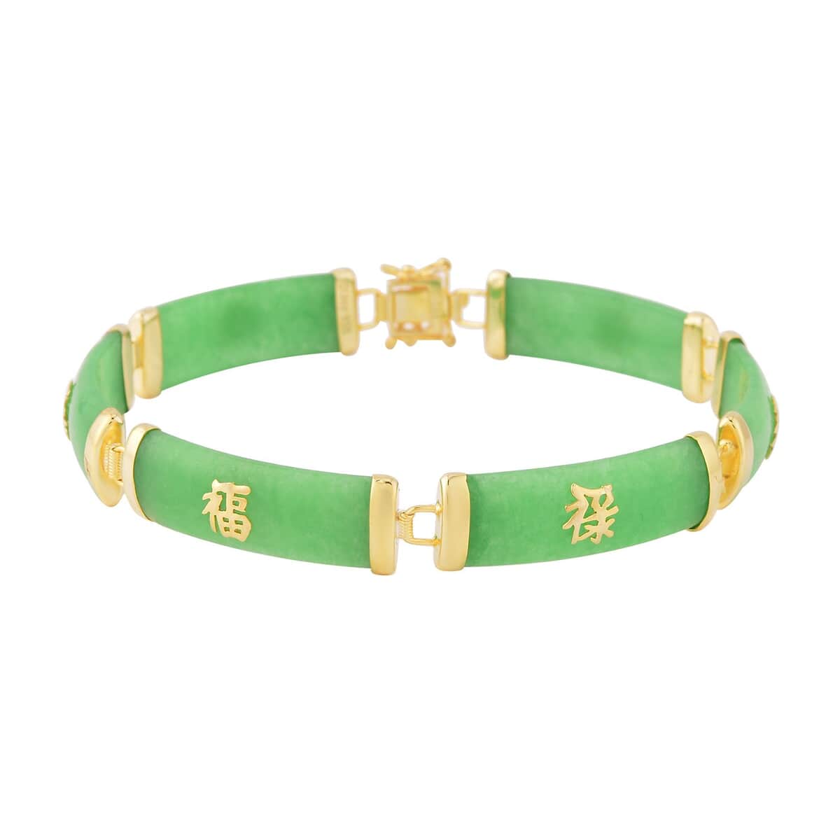 Green Jade (D) 60.00 ctw Station Bracelet , Green Jade Bracelet , 14K Yellow Gold Over Sterling Silver Bracelet , Symbols Bracelet , Silver Station Bracelet (6.50 In) image number 0