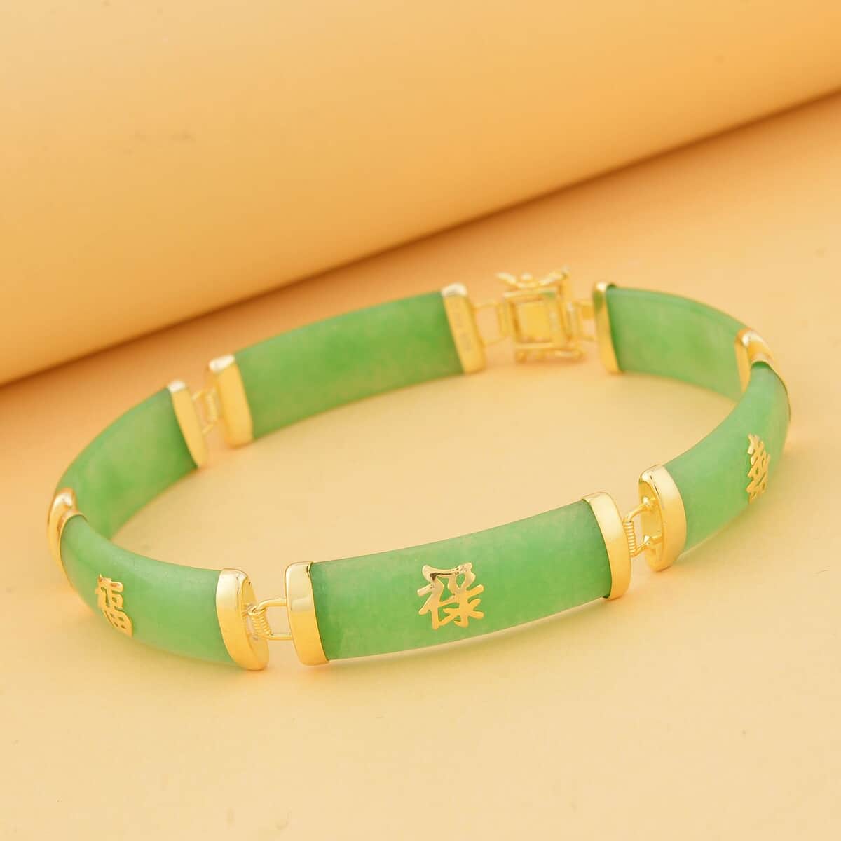 Green Jade (D) 60.00 ctw Station Bracelet , Green Jade Bracelet , 14K Yellow Gold Over Sterling Silver Bracelet , Symbols Bracelet , Silver Station Bracelet (6.50 In) image number 1