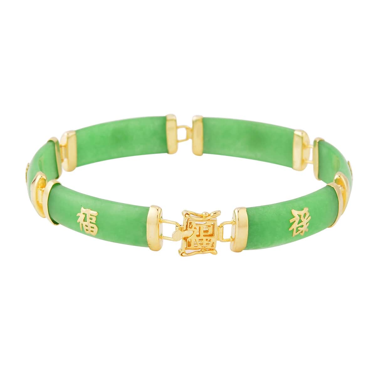 Green Jade (D) 60.00 ctw Station Bracelet , Green Jade Bracelet , 14K Yellow Gold Over Sterling Silver Bracelet , Symbols Bracelet , Silver Station Bracelet (6.50 In) image number 2