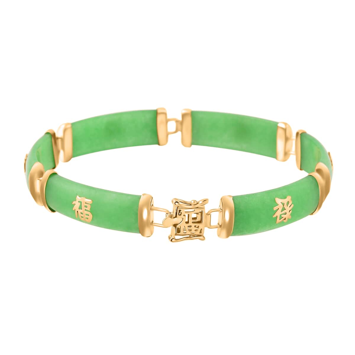 Green Jade (D) 60.00 ctw Station Bracelet , Green Jade Bracelet , 14K Yellow Gold Over Sterling Silver Bracelet , Symbols Bracelet , Silver Station Bracelet (6.50 In) image number 5