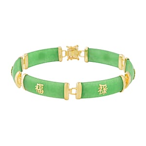 Green Jade (D) 60.00 ctw Station Bracelet , Green Jade Bracelet , 14K Yellow Gold Over Sterling Silver Bracelet , Symbols Bracelet , Silver Station Bracelet (8.00 In)