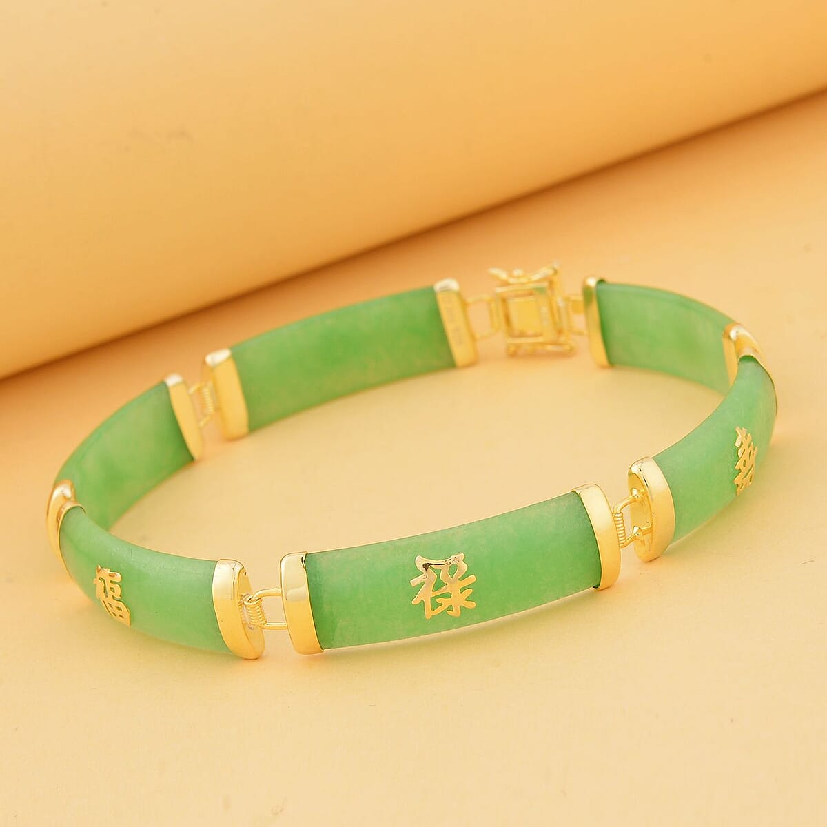 Green Jade (D) 60.00 ctw Station Bracelet , Green Jade Bracelet , 14K Yellow Gold Over Sterling Silver Bracelet , Symbols Bracelet , Silver Station Bracelet (8.00 In) image number 1