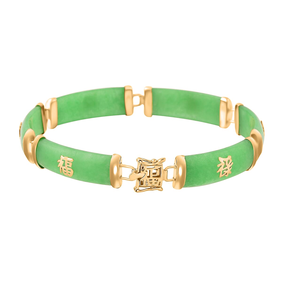 Green Jade (D) 60.00 ctw Station Bracelet , Green Jade Bracelet , 14K Yellow Gold Over Sterling Silver Bracelet , Symbols Bracelet , Silver Station Bracelet (8.00 In) image number 5