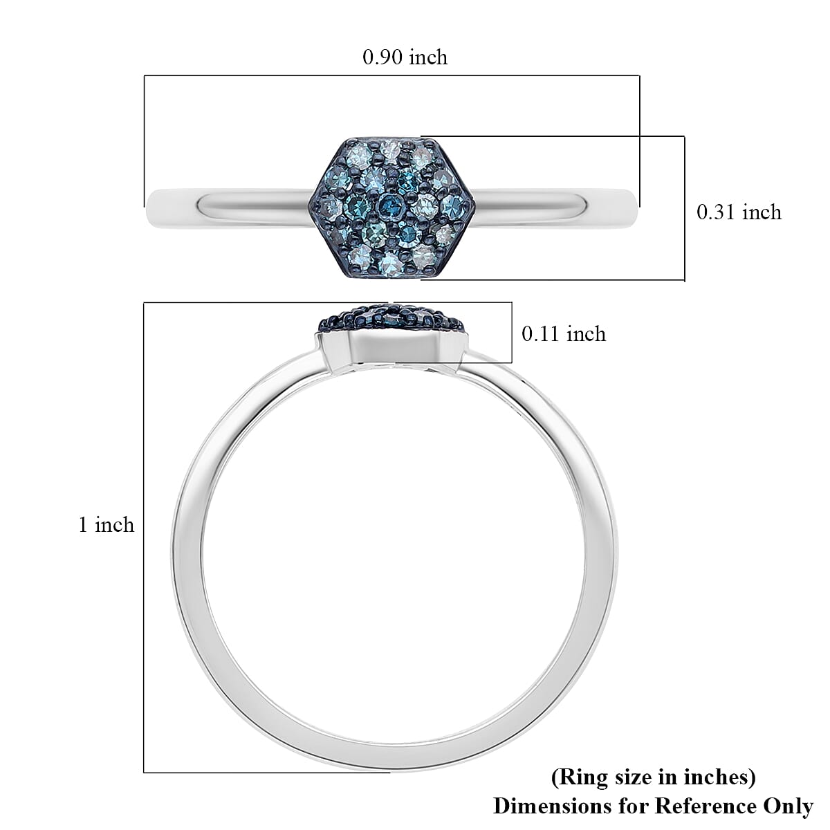 Venice Blue Diamond I1-I2 Hexagon Shape Cluster Ring in Platinum Over Sterling Silver (Size 7.0) 0.20 ctw
