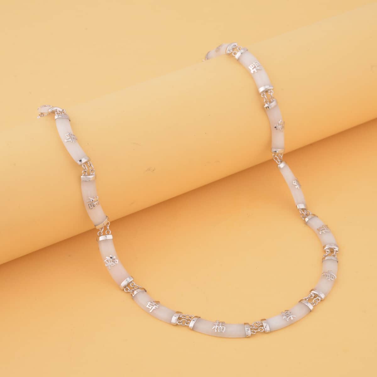Natural Jade Chinese Characters Necklace 18-20 Inches in Platinum Over Sterling Silver 96.50 ctw image number 1