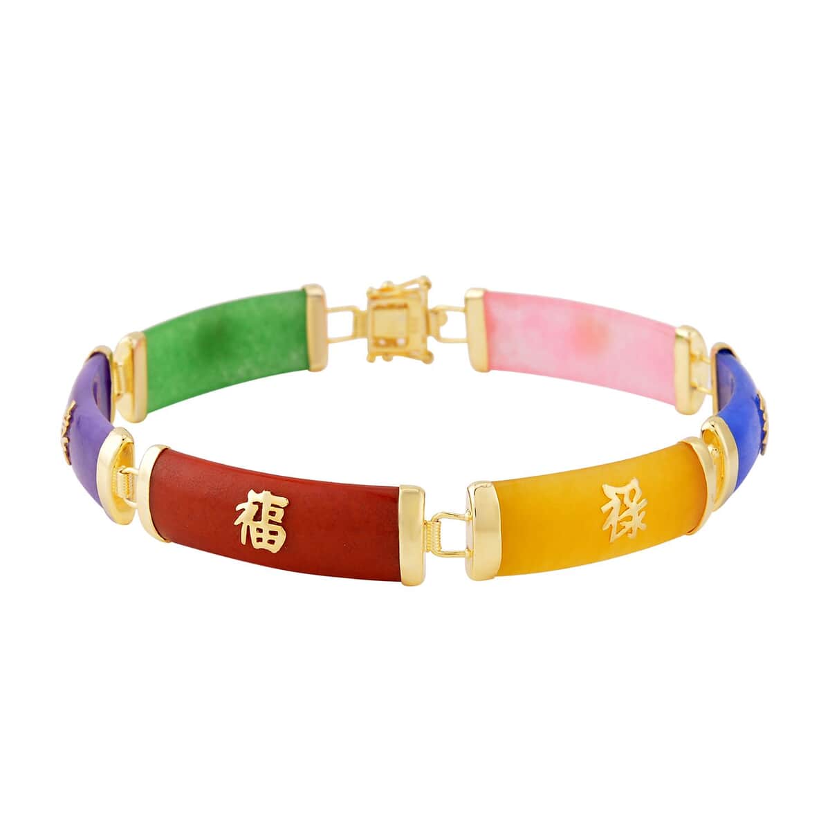 Multi Color Jade (D) 60.00 ctw Station Bracelet , Multi Color Jade Bracelet , 14K Yellow Gold Over Sterling Silver Bracelet , Symbols Bracelet , Silver Station Bracelet (7.25 In) image number 0