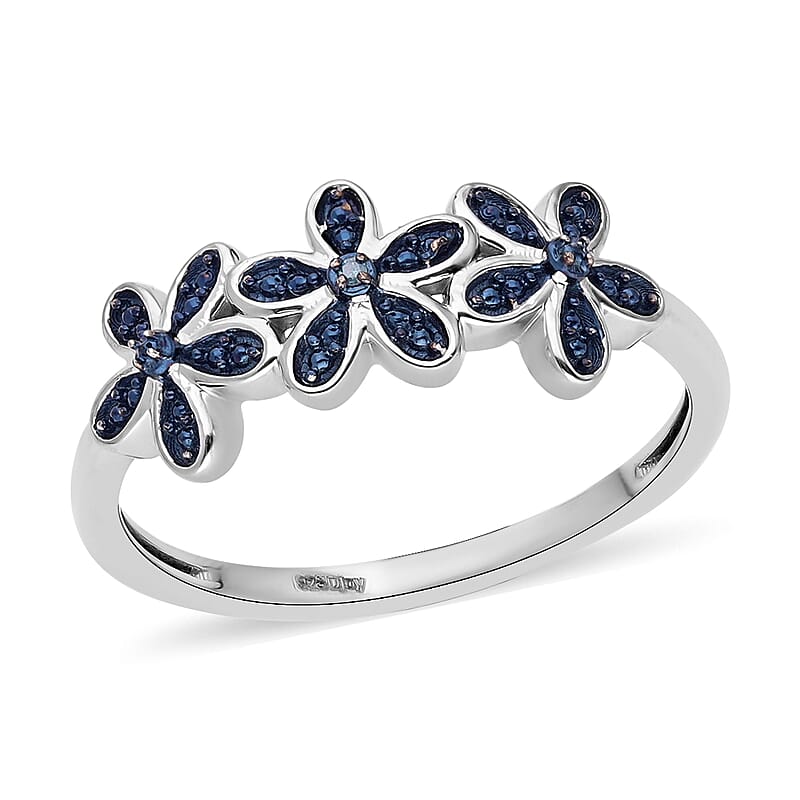 Blue Diamond Accent Floral Ring in Platinum Over Sterling Silver (Size 10.0)