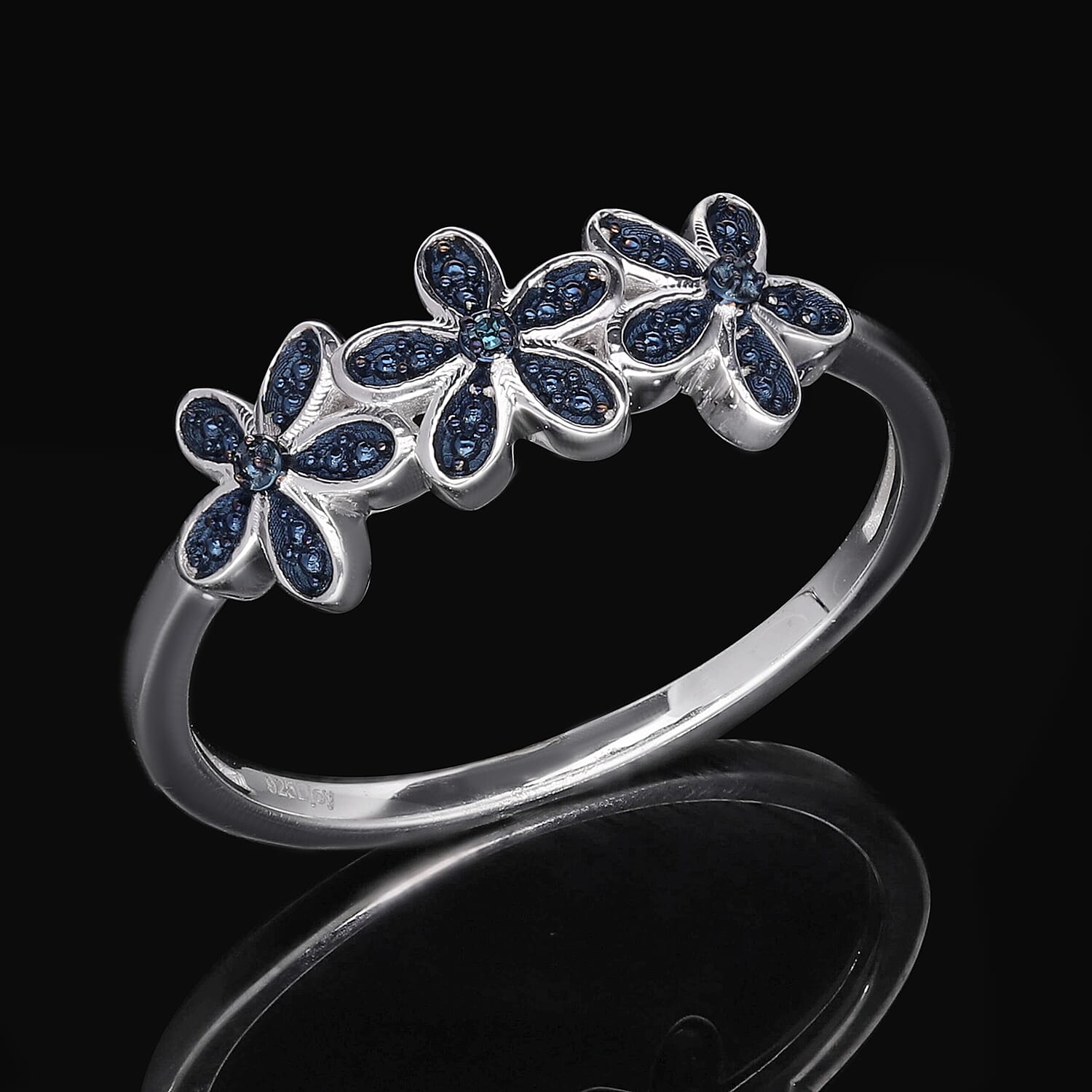 Blue Diamond Accent Floral Ring in Platinum Over Sterling Silver (Size 10.0)
