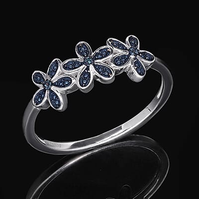 Blue Diamond Accent Floral Ring in Platinum Over Sterling Silver (Size 10.0)