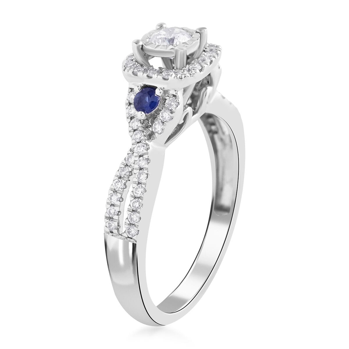 10K White Gold Blue Sapphire and G-H SI Diamond Ring (Size 7.0) 3.20 Grams 0.50 ctw image number 3