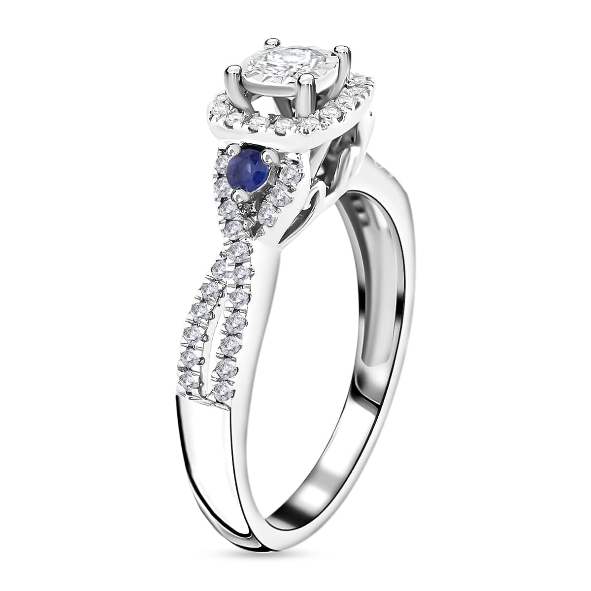 10K White Gold Blue Sapphire and G-H SI Diamond Ring (Size 7.0) 3.20 Grams 0.50 ctw image number 3