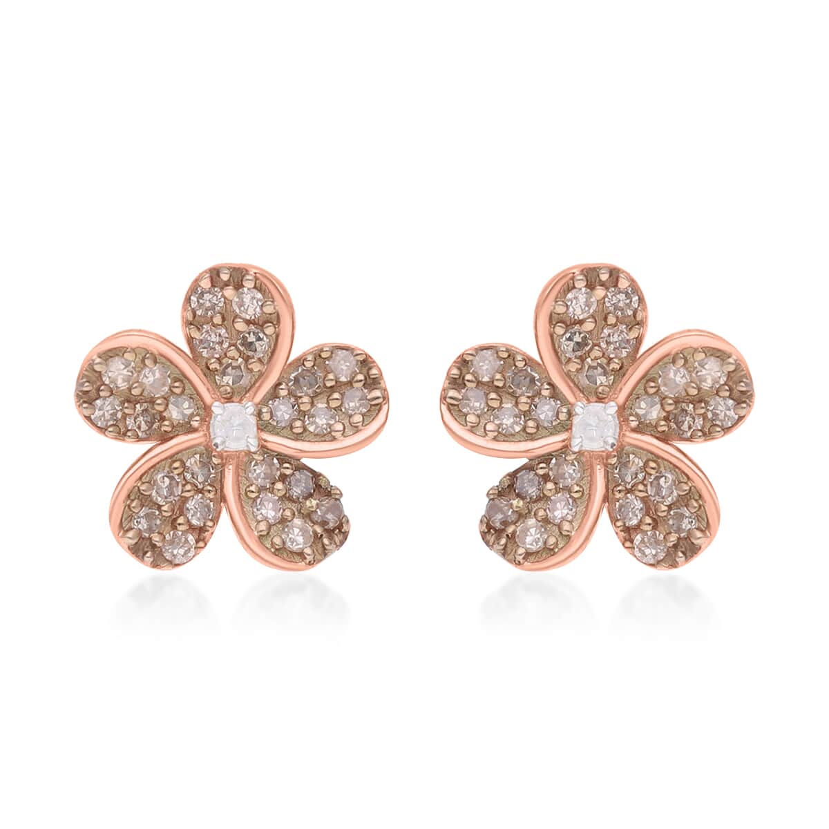 Natural Champagne and White Diamond Floral Earrings in Vermeil RG Over Sterling Silver 0.33 ctw (Del. 7-10 Days) image number 0