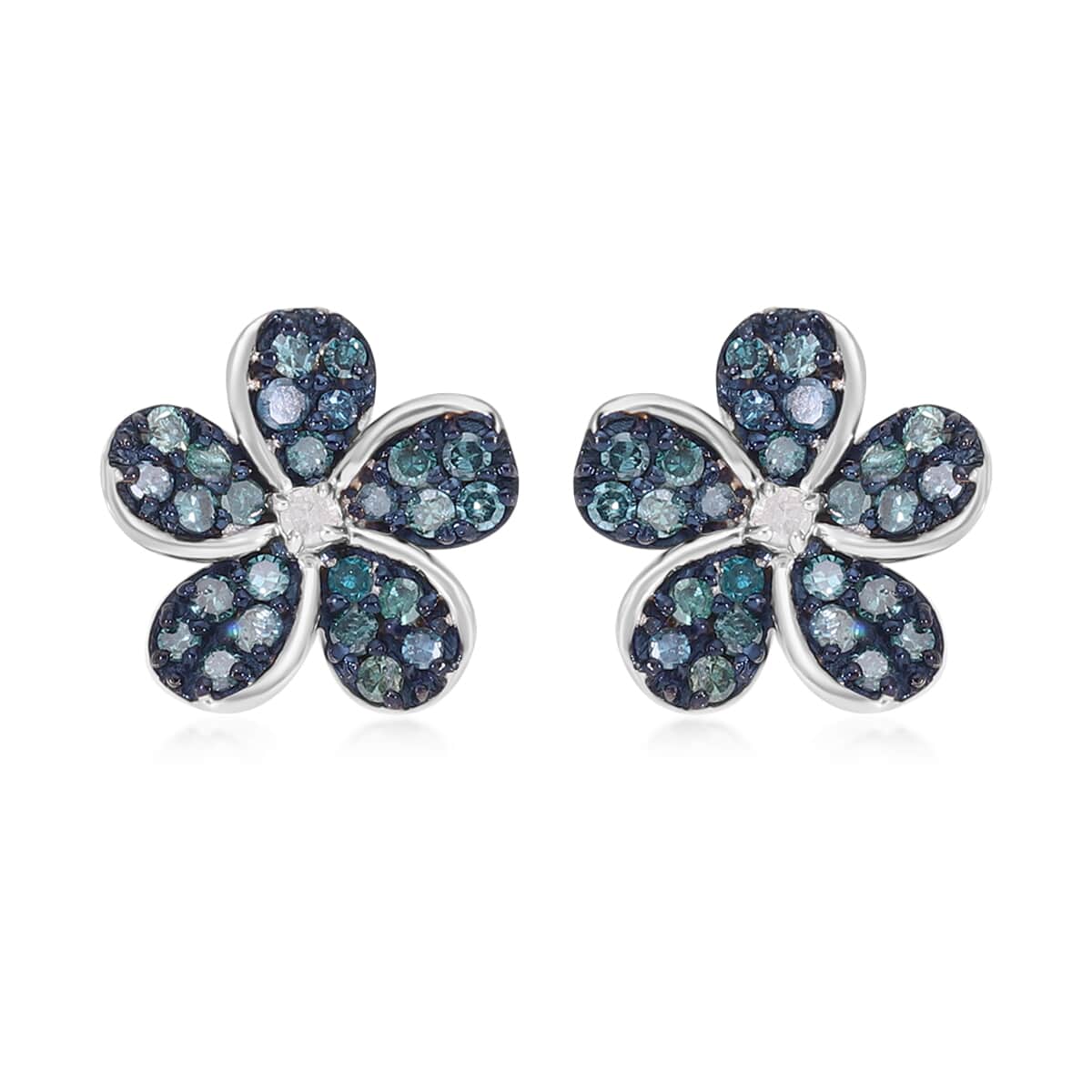 Blue and White Diamond Floral Earrings in Platinum Over Sterling Silver 0.33 ctw image number 0