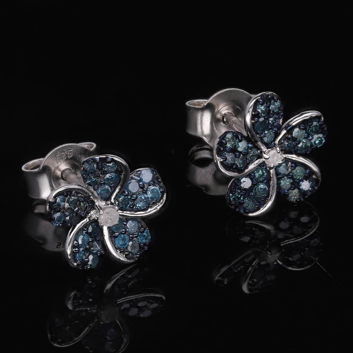 Blue and White Diamond Floral Earrings in Platinum Over Sterling Silver 0.33 ctw image number 1