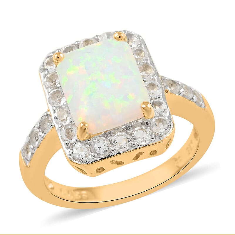 Lab Created Opal and White Zircon Ring in 14K Yellow Gold Over Sterling Silver (Size 10.0) 1.50 ctw